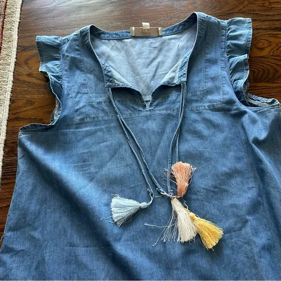 LOFT Blue Denim Chambray Mini Summer Shift Dress with ruffle sleeves & tassels - Picture 4 of 16